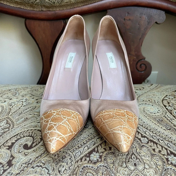 Prada Satin Blush Pink Snake Skin Toe Raso Heels Cocco Cammeo Cipria Size 7 COA - Picture 12 of 15